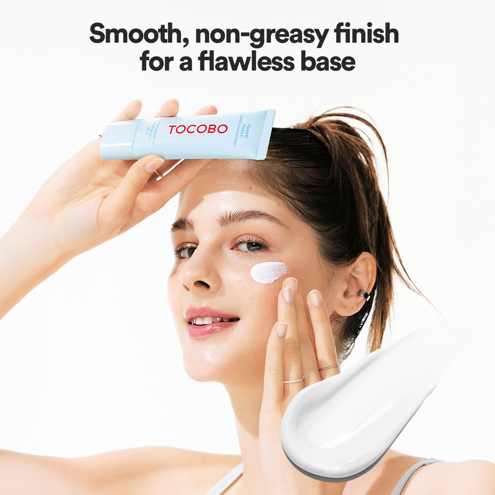 TOCOBO sunscreen applied before makeup showing smooth layering benefit