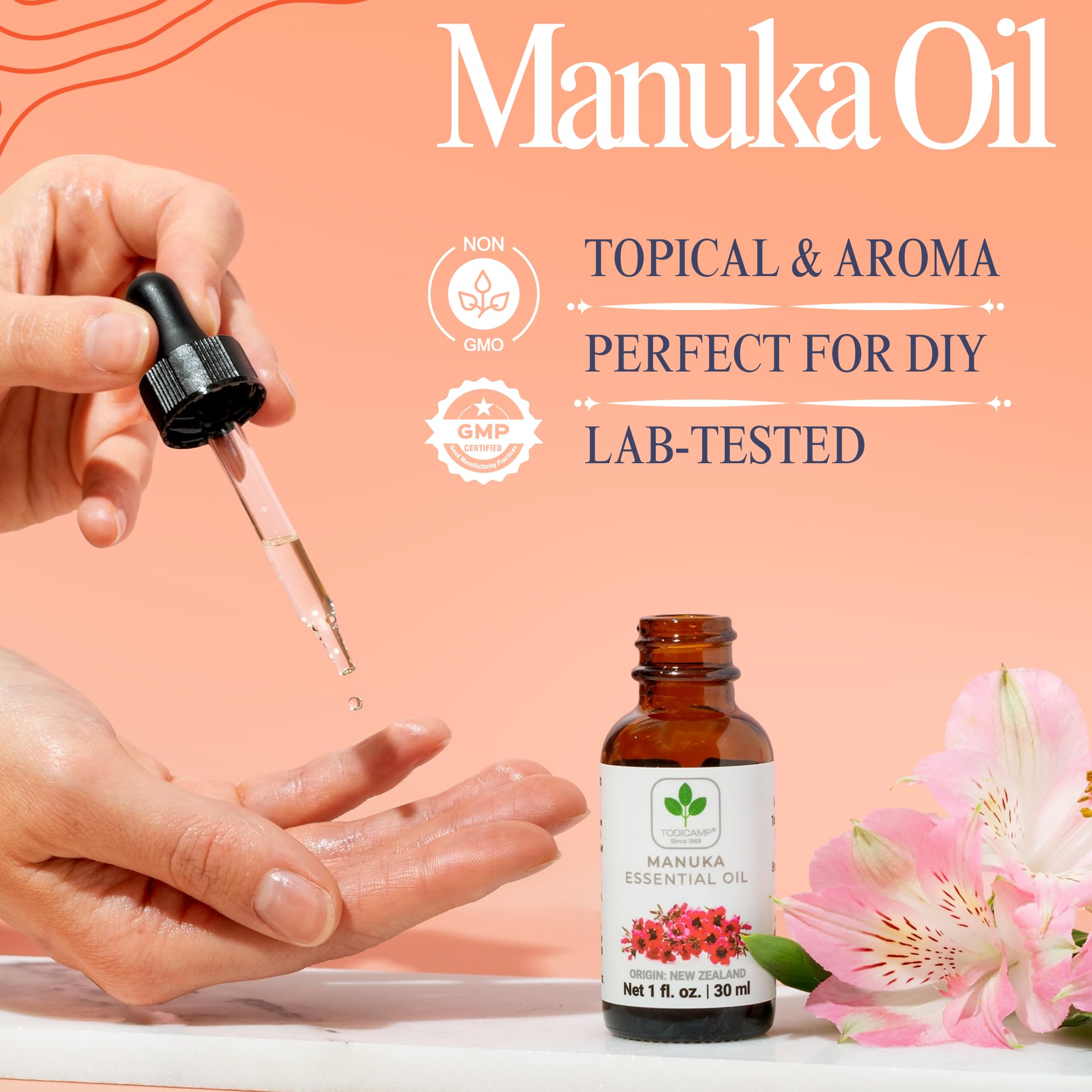 TODICAMP manuka bottle staged with East Cape flowers showing provenance benefit