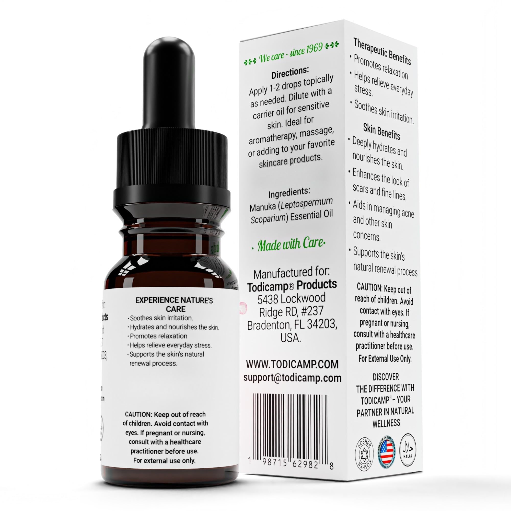 TODICAMP manuka oil label closeup highlighting New Zealand origin and purity