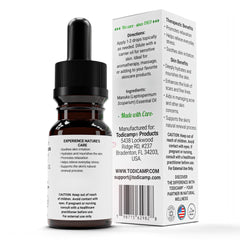 TODICAMP manuka oil label closeup highlighting New Zealand origin and purity