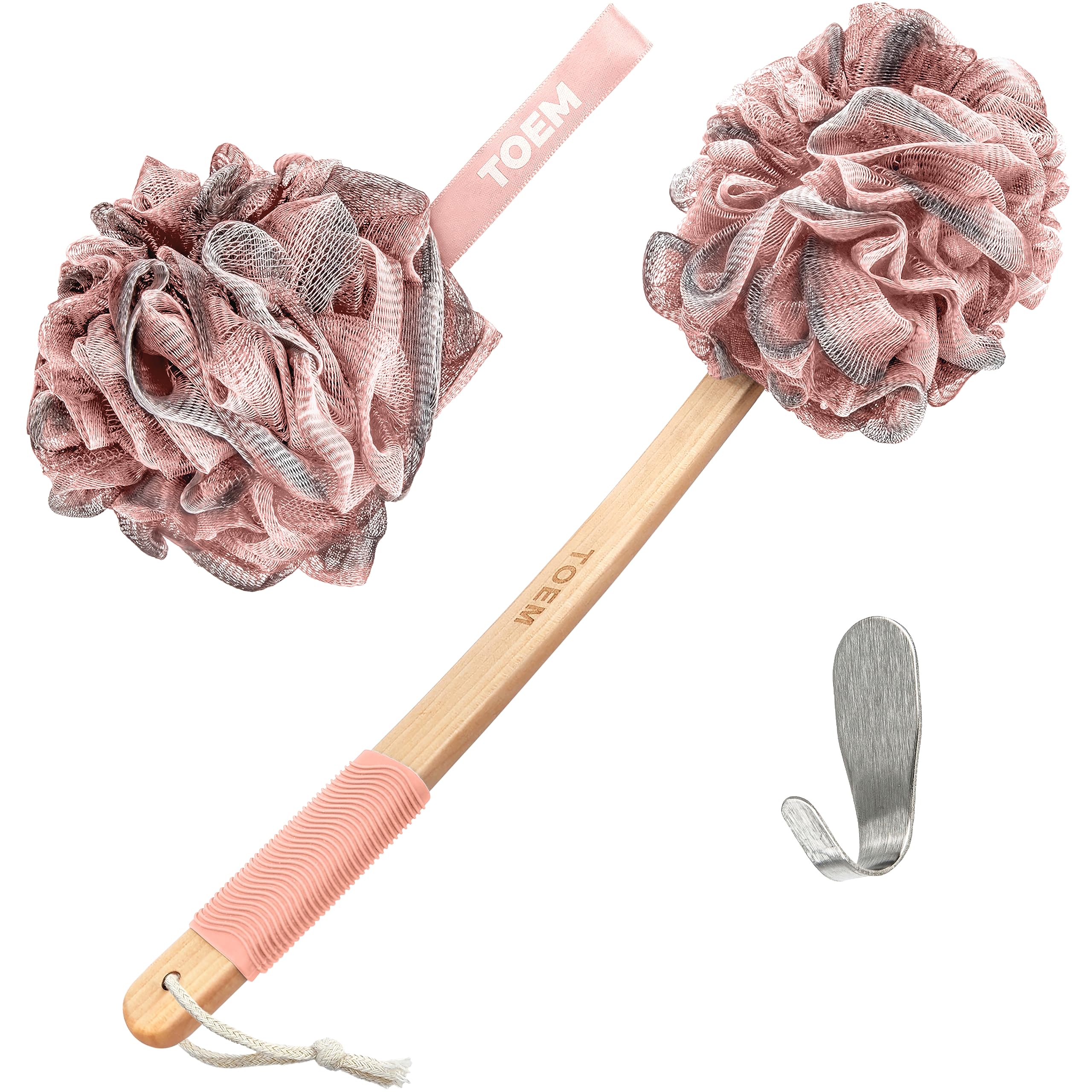 Toem long-handle loofah front view showing full length and shape benefit reach