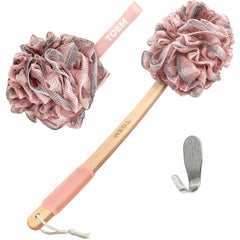 Toem long-handle loofah front view showing full length and shape benefit reach