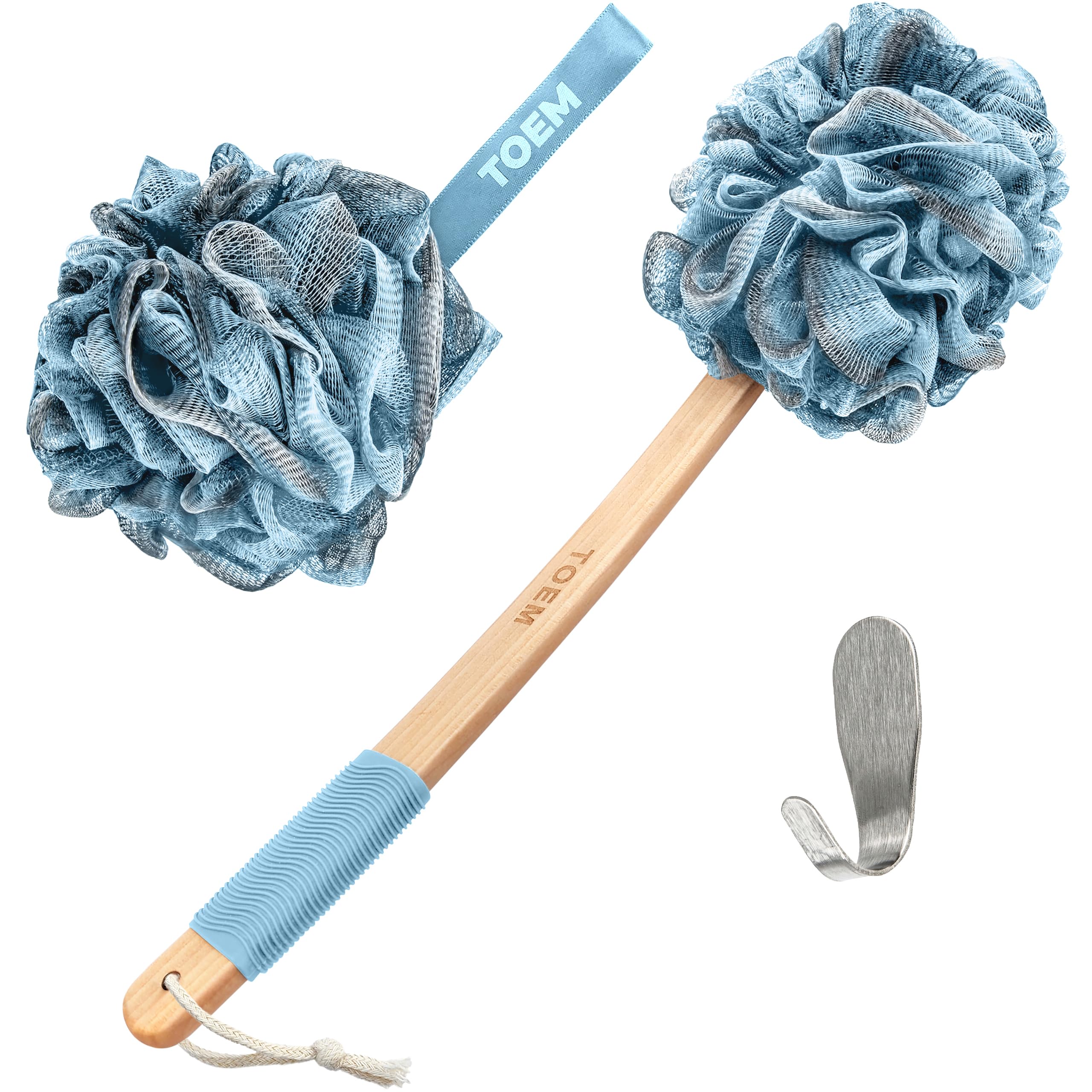 toem front view showing long-handle loofah for complete-back reach