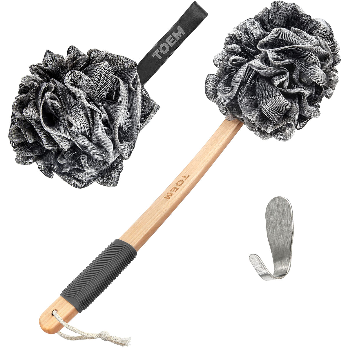 toem front view showing wooden handle and loofah for secure hold