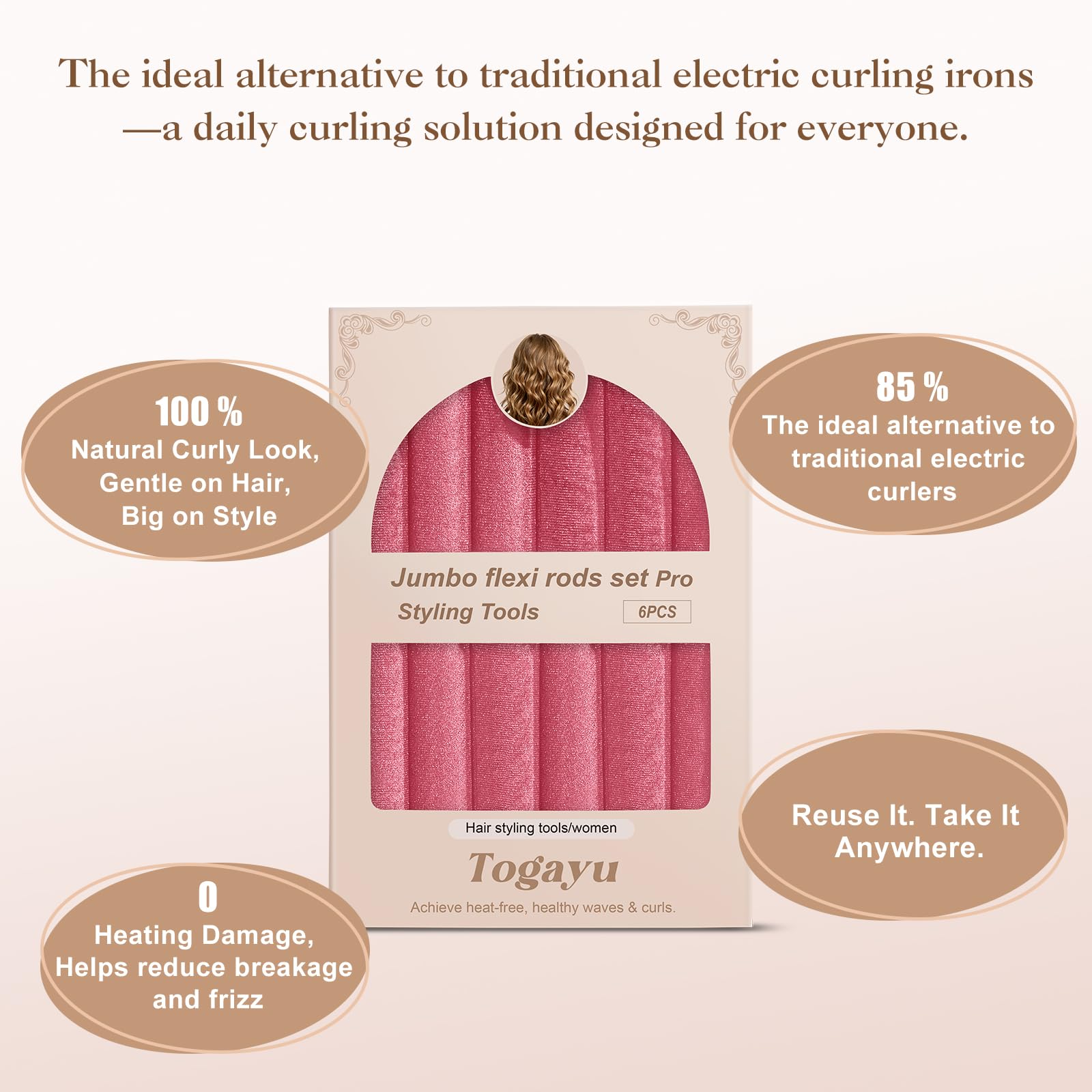 Togayu roller wrapped in long hair demonstrating damage-free styling benefit