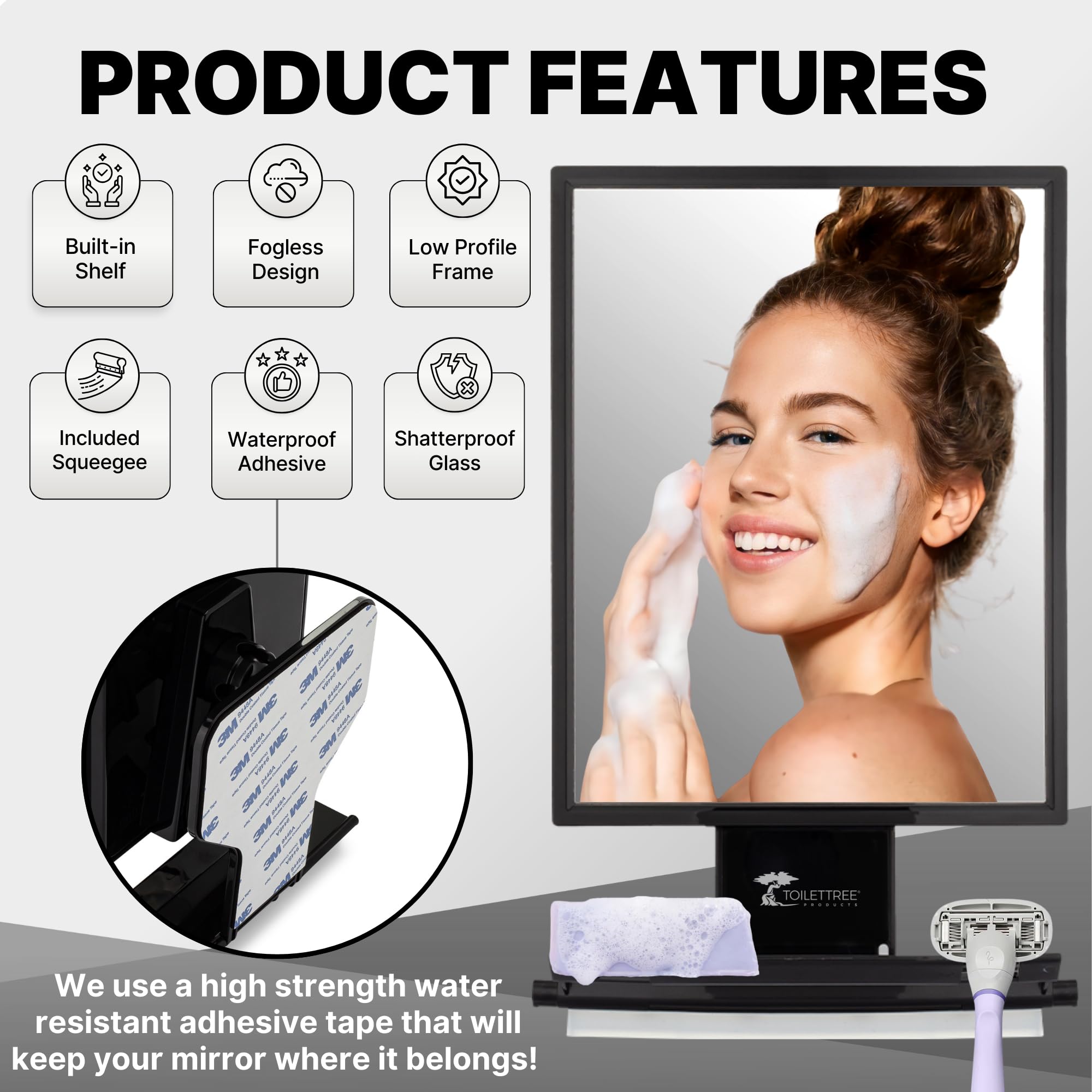 ToiletTree Products mirror adhered to tile showing secure, rust-proof mounting