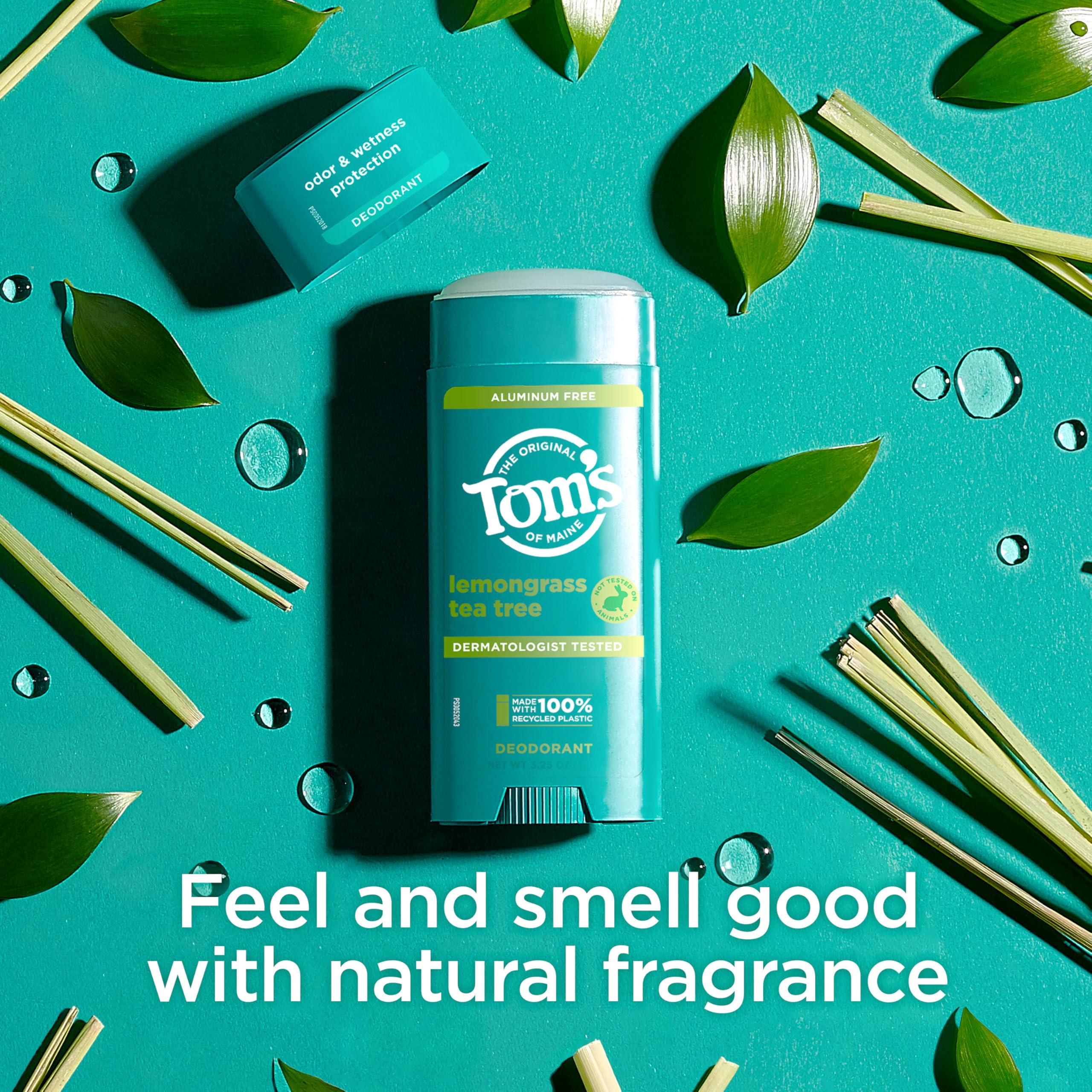 Tom's of Maine lemongrass and tea tree oils arranged to suggest fresh citrus benefit