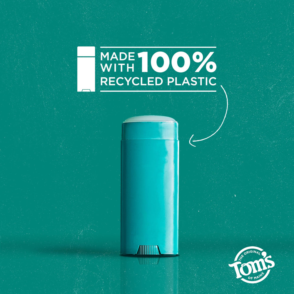 Tom's of Maine recycled plastic symbol on container promoting sustainability benefit