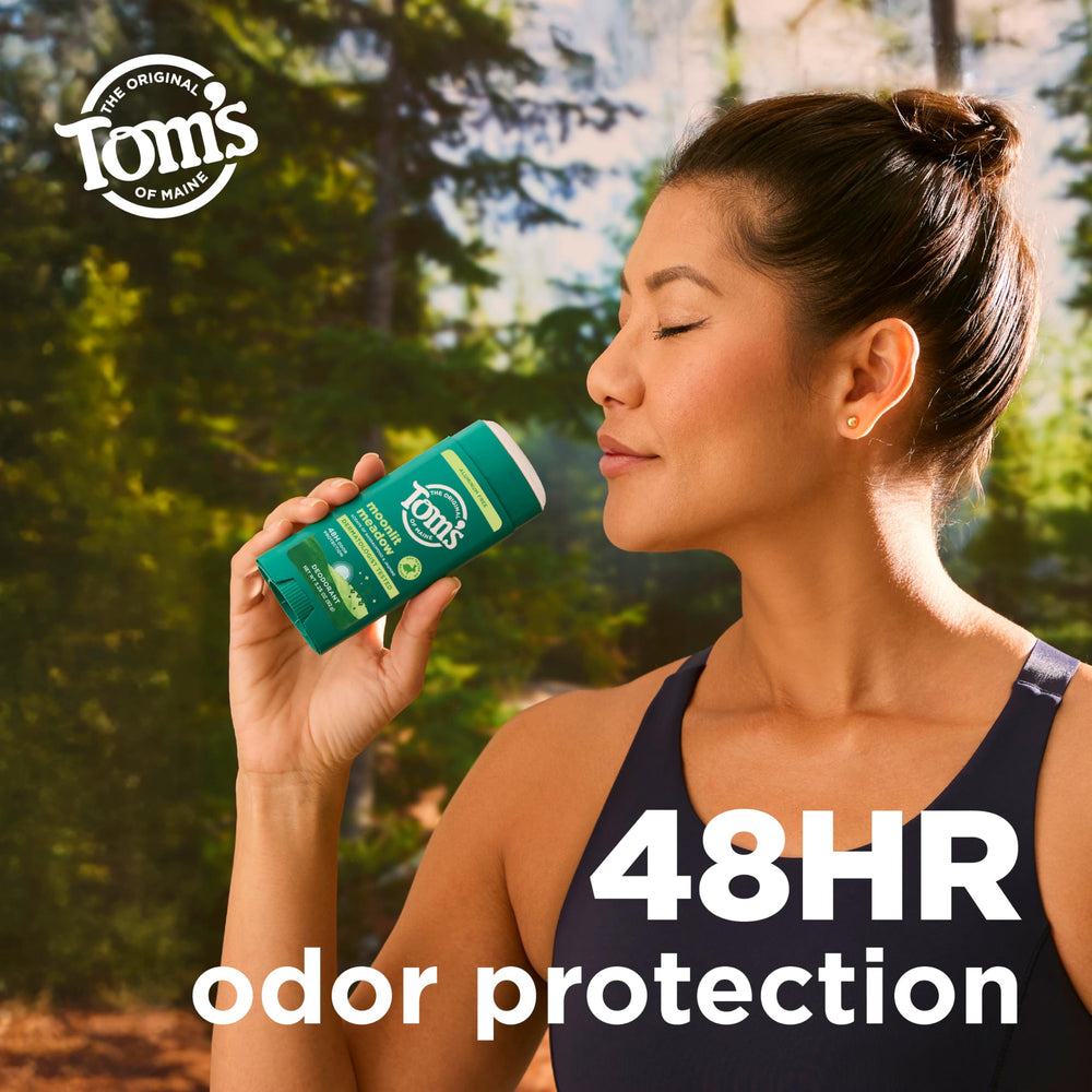 Tom's of Maine label close-up highlighting natural ingredients and recycled plastic container benefits