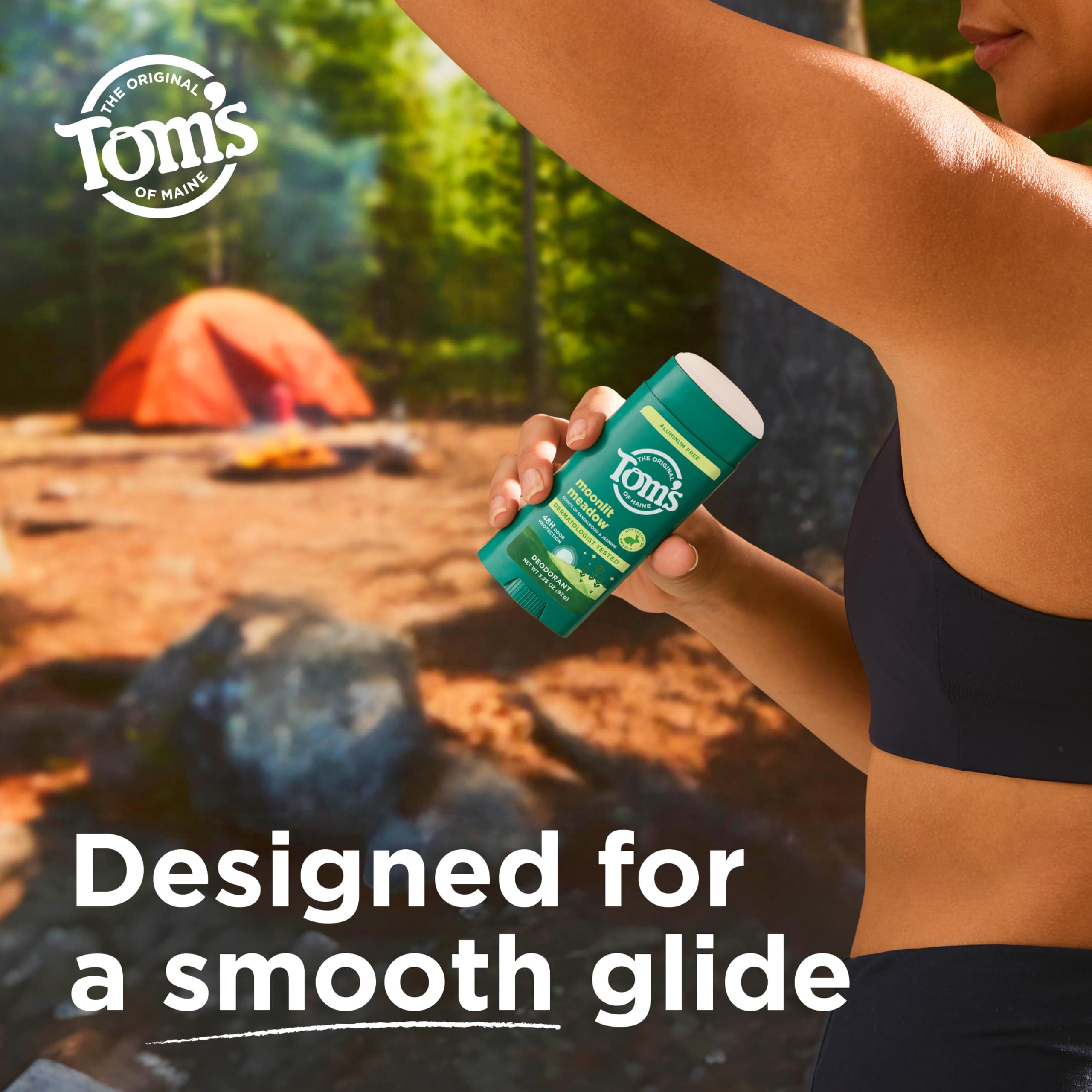 Tom's of Maine stick on bathroom shelf demonstrating daily routine ease and clear finish