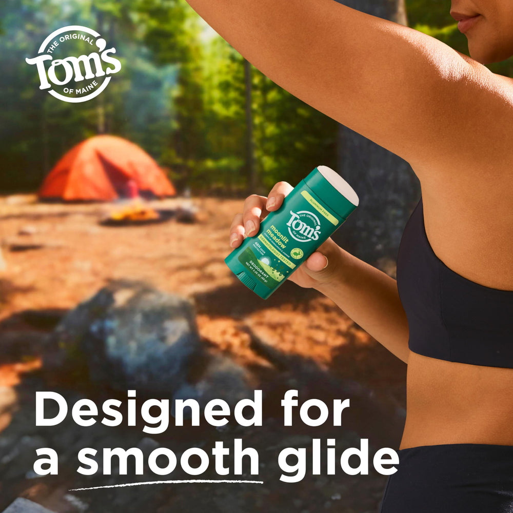 Tom's of Maine stick on bathroom shelf demonstrating daily routine ease and clear finish
