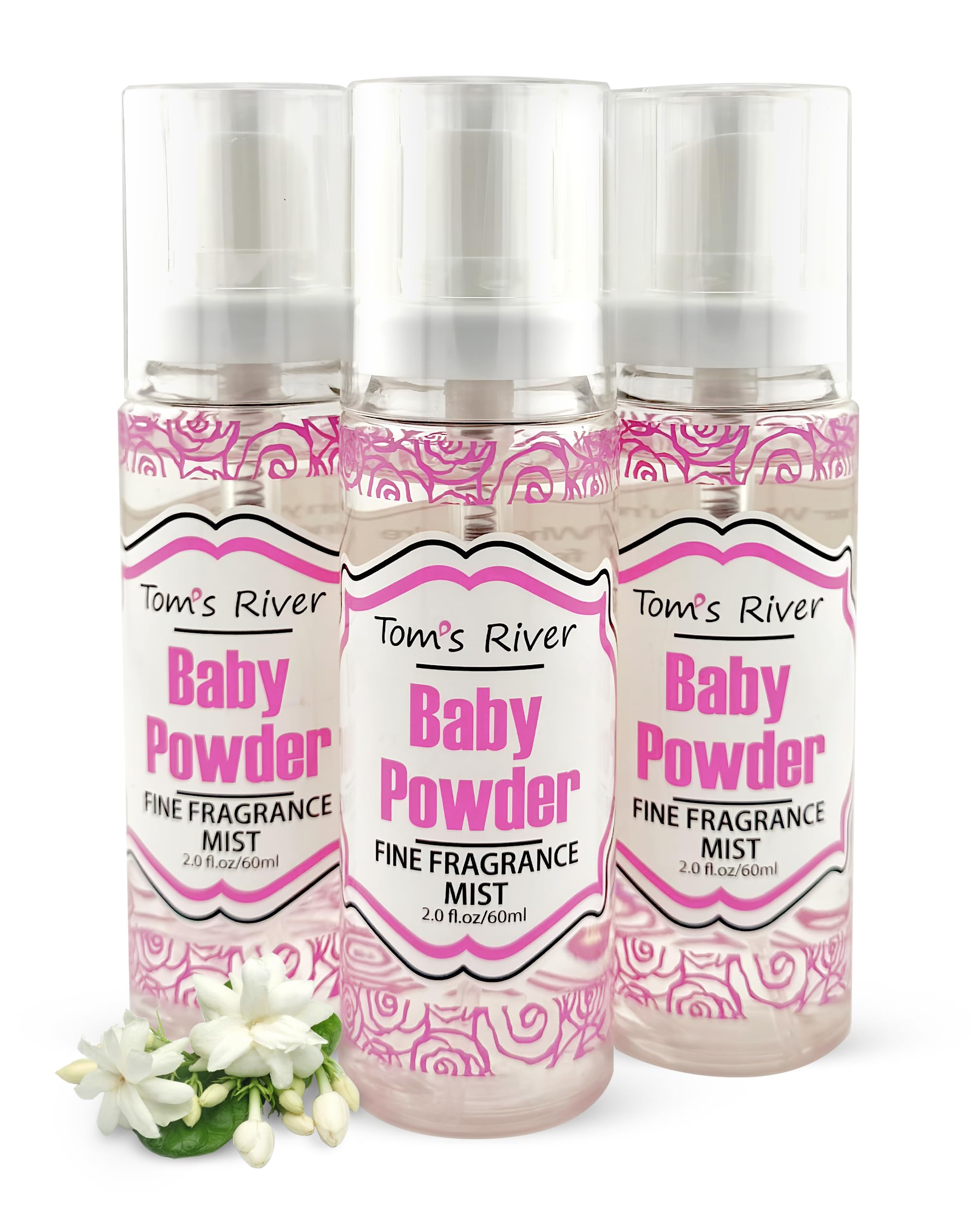 Tom's River front packaging showing three baby powder bottles, convenient travel scent