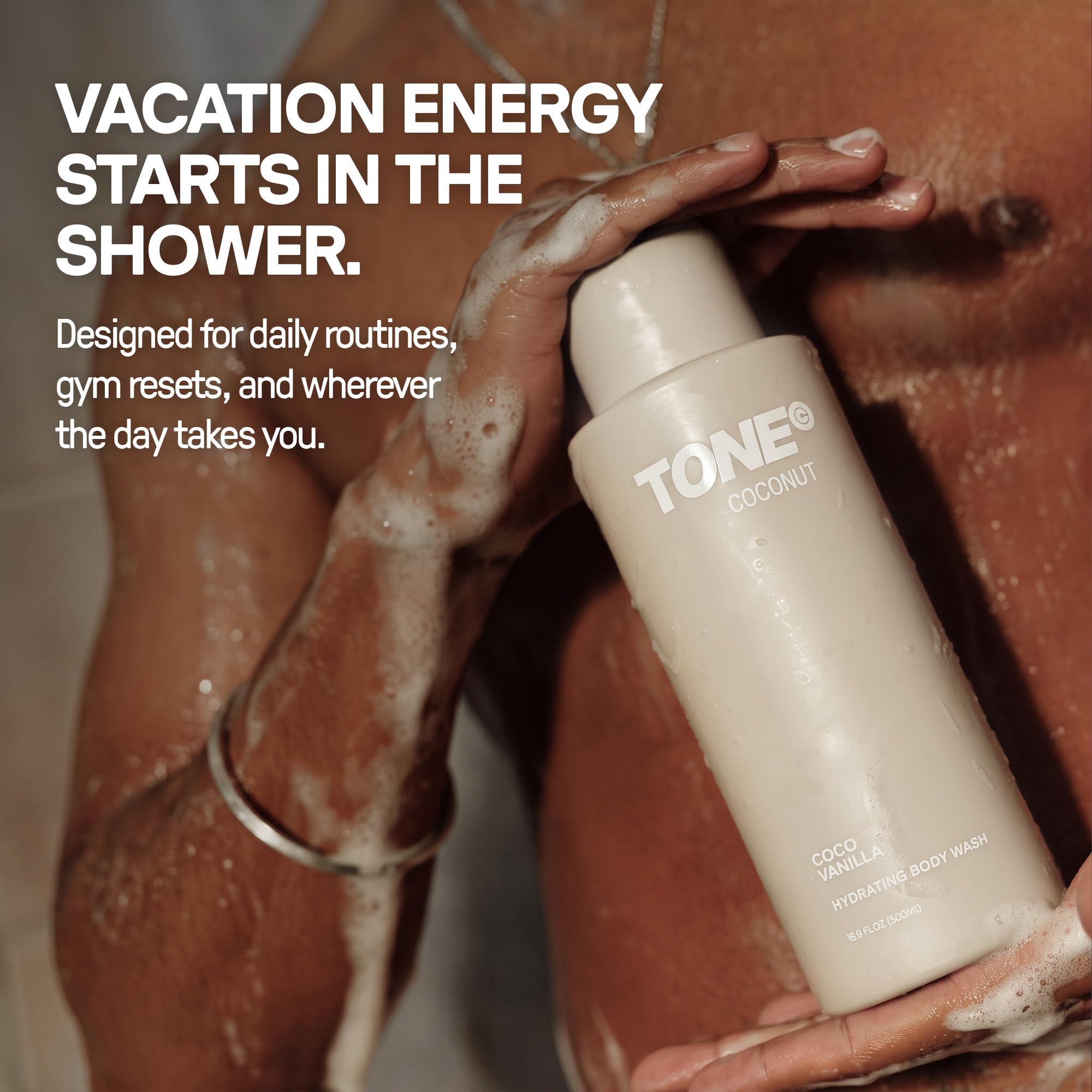 TONE foamy texture on hand highlighting moisturizing glycerin benefit