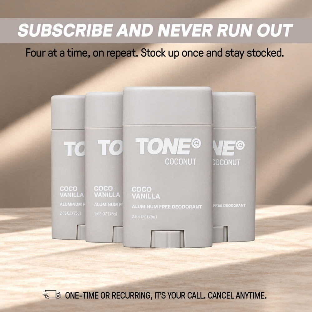 TONE deodorant held in hand to show 2.65 oz size and portability