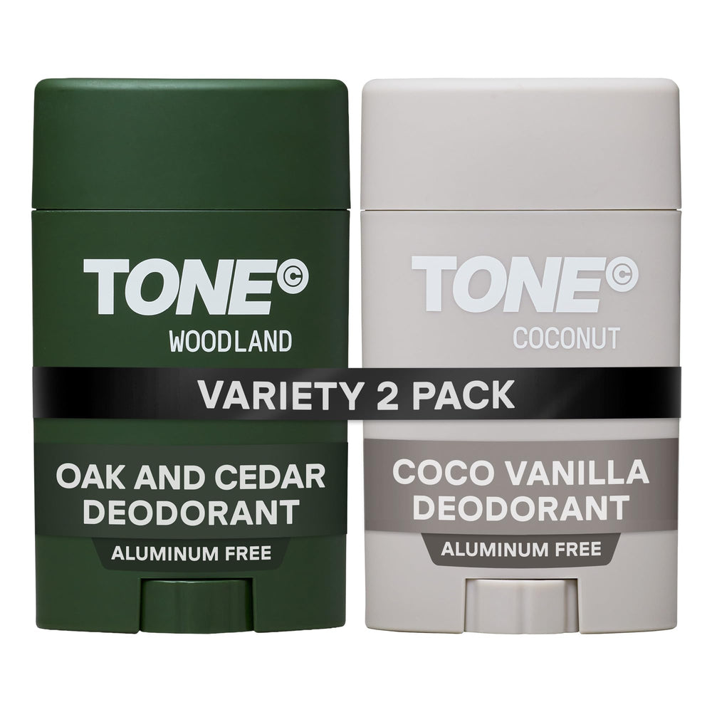 TONE Coconut and Woodland front packaging showing two sticks for scent variety and convenience