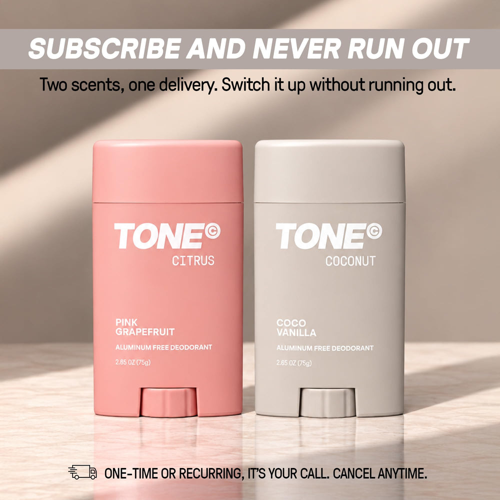TONE deodorant staged on bathroom counter, demonstrating daily routine use