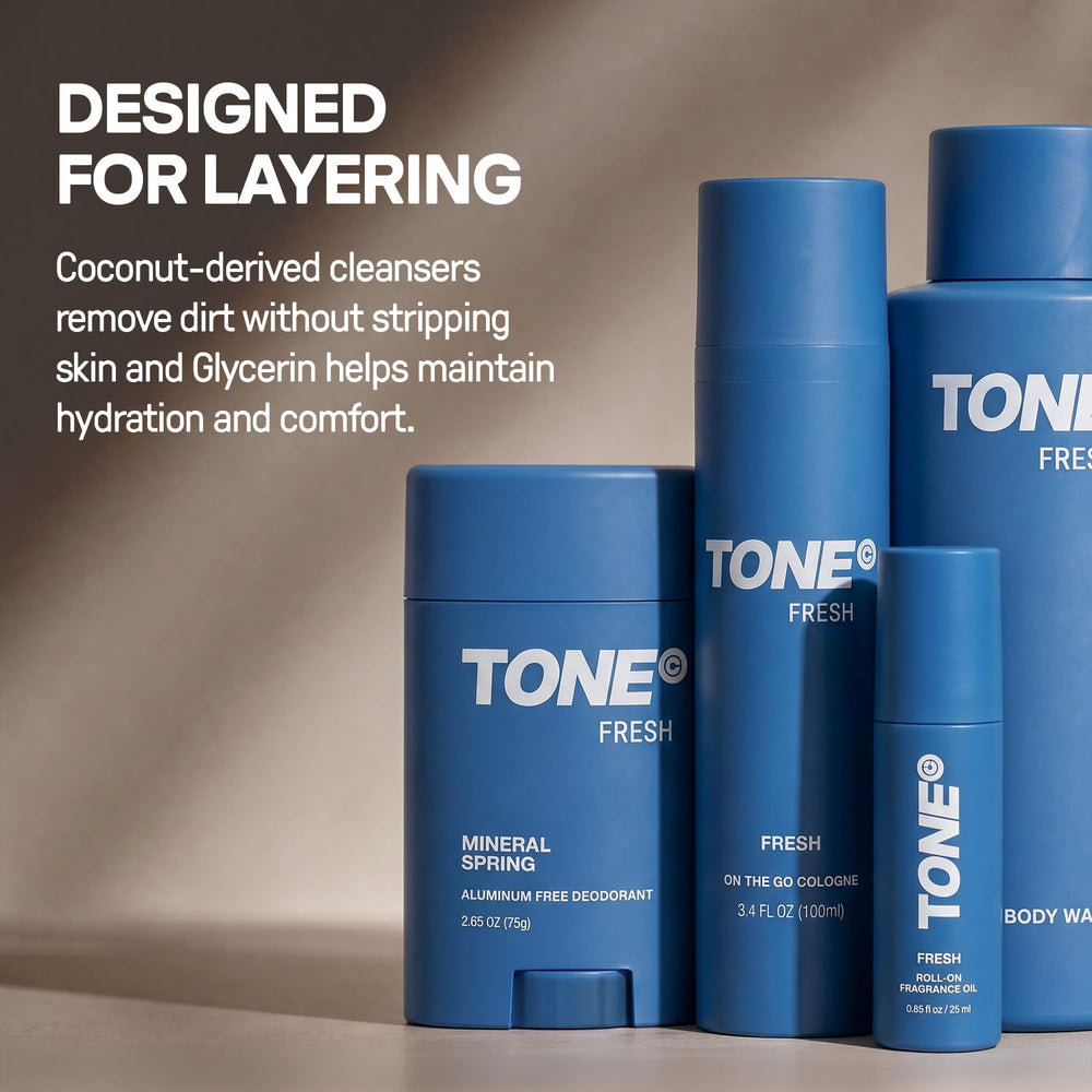 TONE Exclusive bottle in shower setting conveying daily use and skin-friendly cleansing