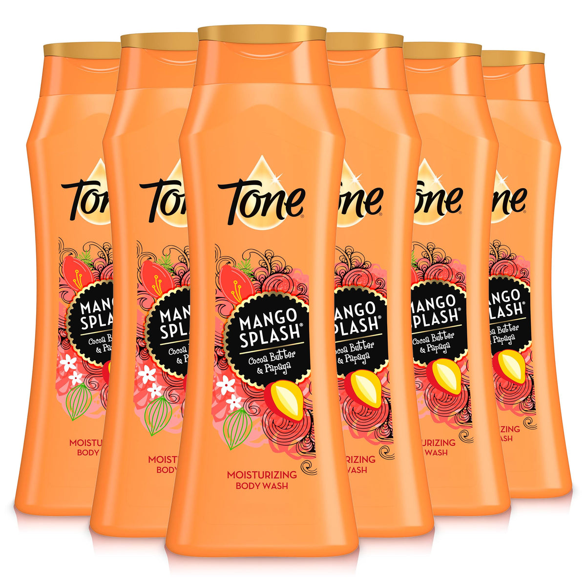 Tone front packaging showing mango-scented body wash for refreshing showers