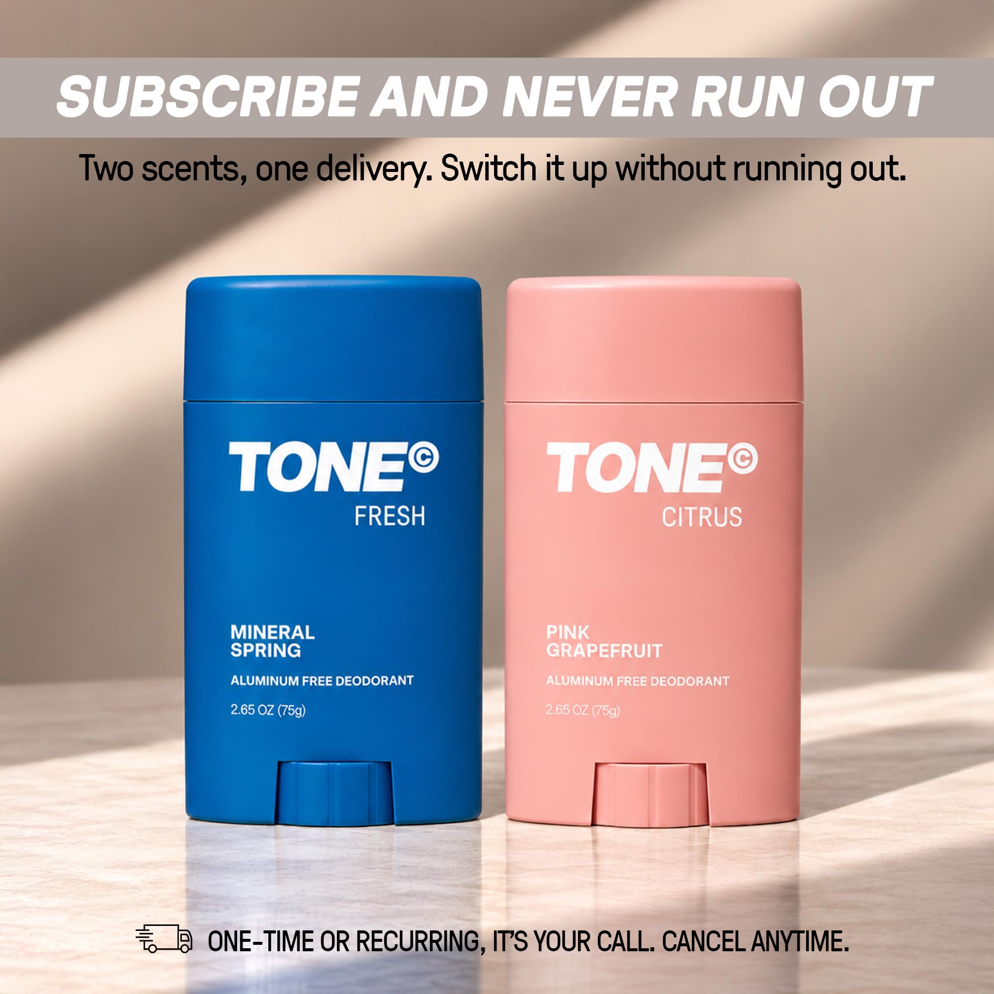 TONE size comparison with travel pouch showing TSA-friendly convenience