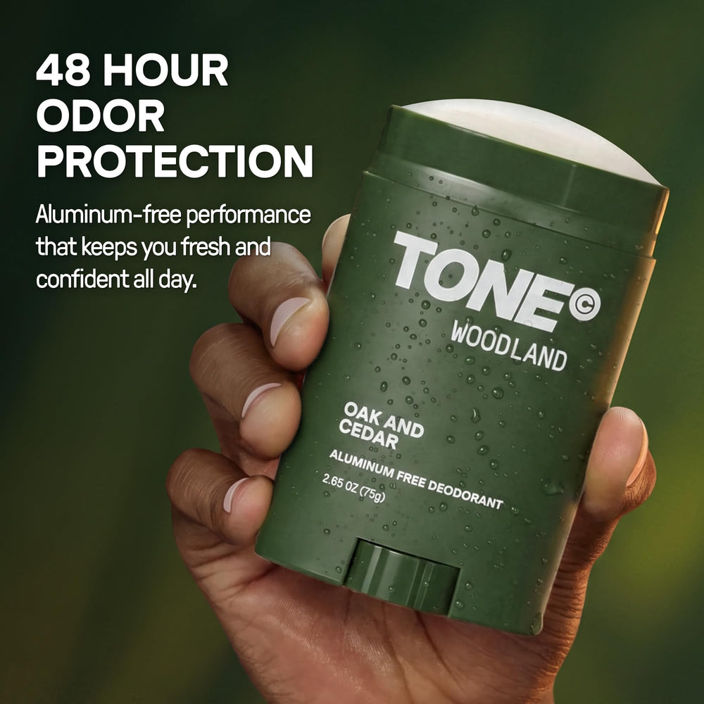 TONE two deodorant sticks side by side illustrating choice of Coconut or Woodland scents