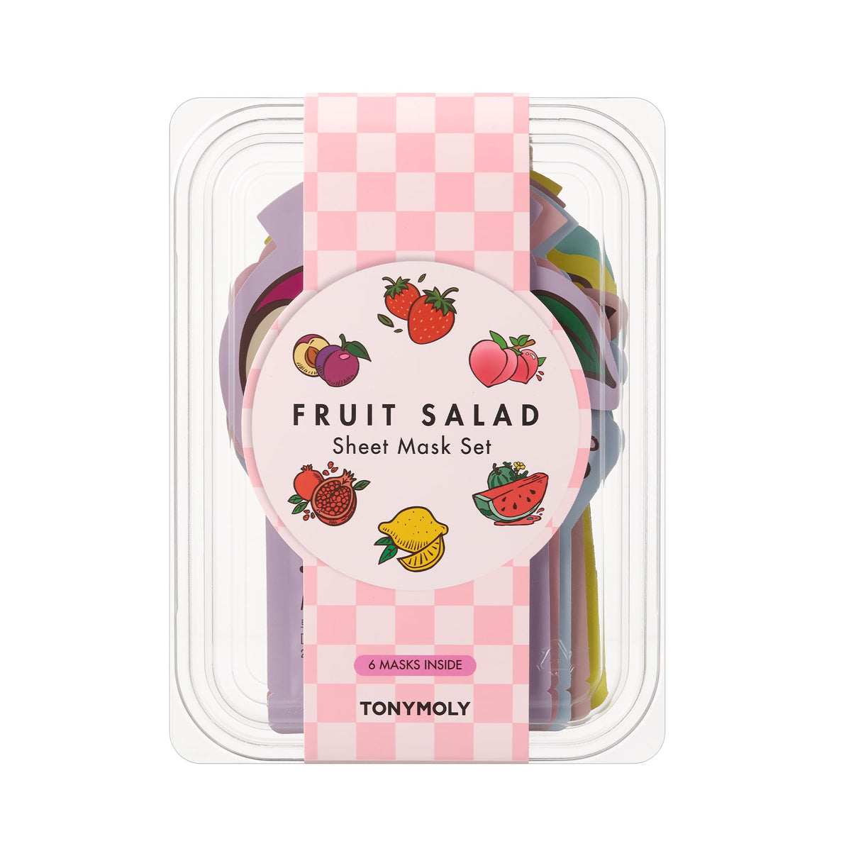 TONYMOLY front packaging showing six colorful fruit sheet masks and clear benefits