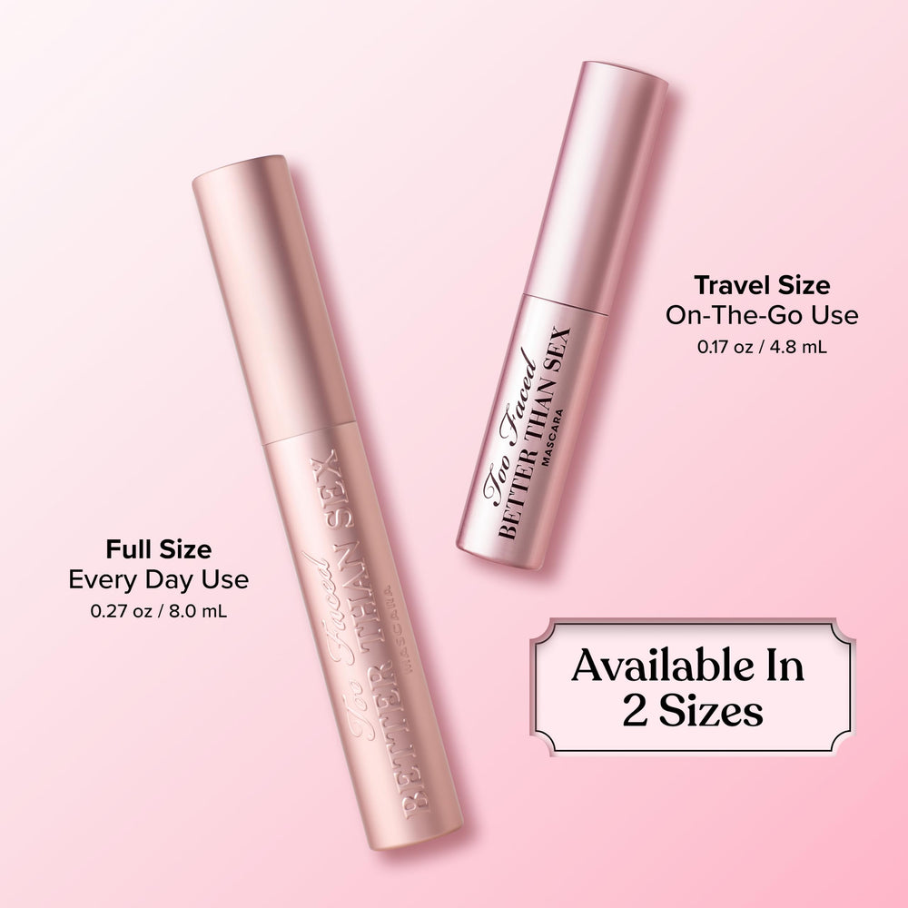 Too Faced before and after lashes illustrating fuller, lifted effect