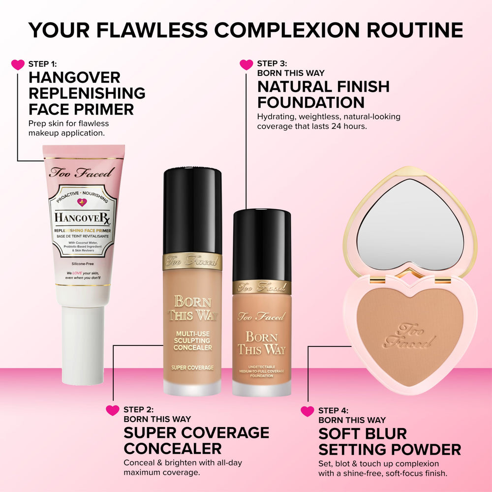 Too Faced bottle label closeup highlighting ingredients and vegan claim benefit