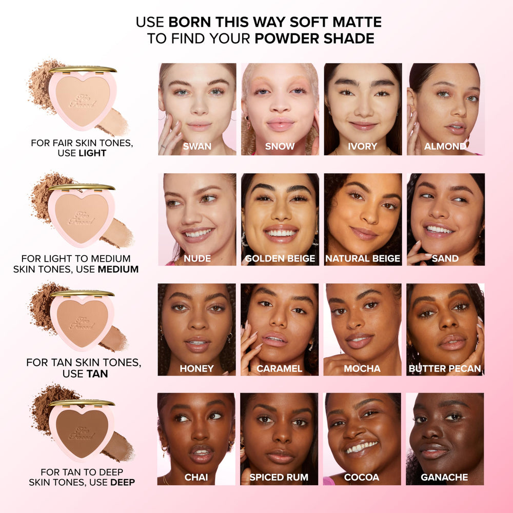 Too Faced compact open with puff demonstrating travel-ready application benefit