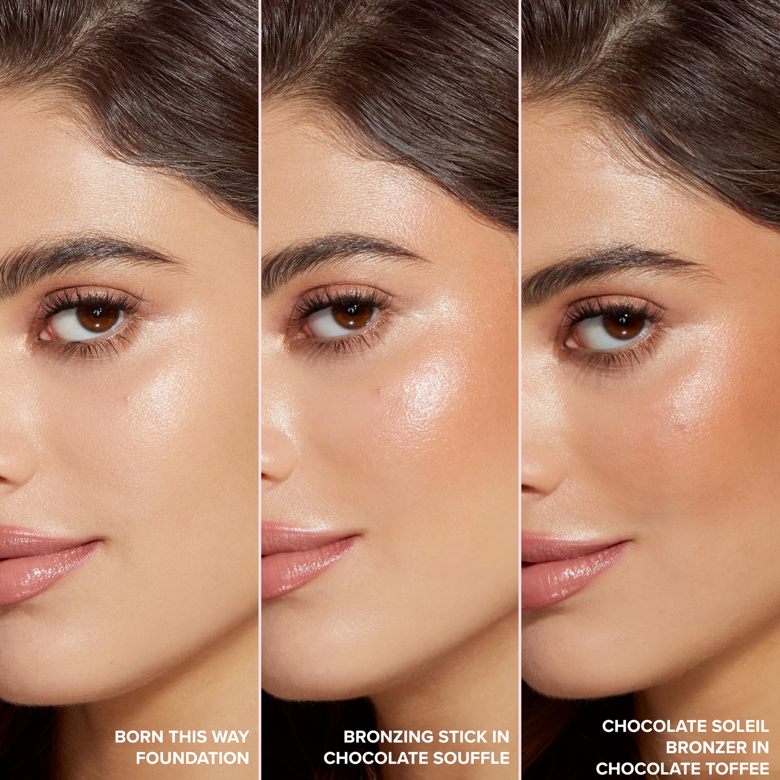Too Faced bronzer being applied with brush for natural warm dimension