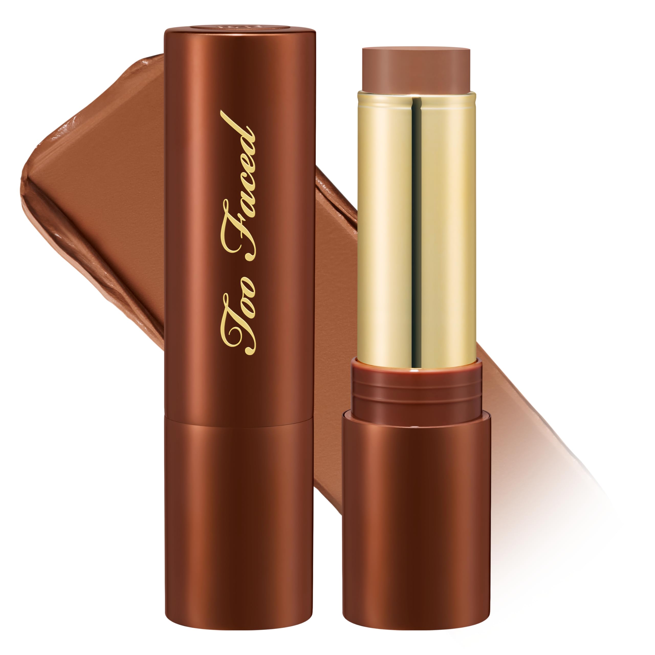 Too Faced Chocolate Soleil front stick packaging showing product benefit portability