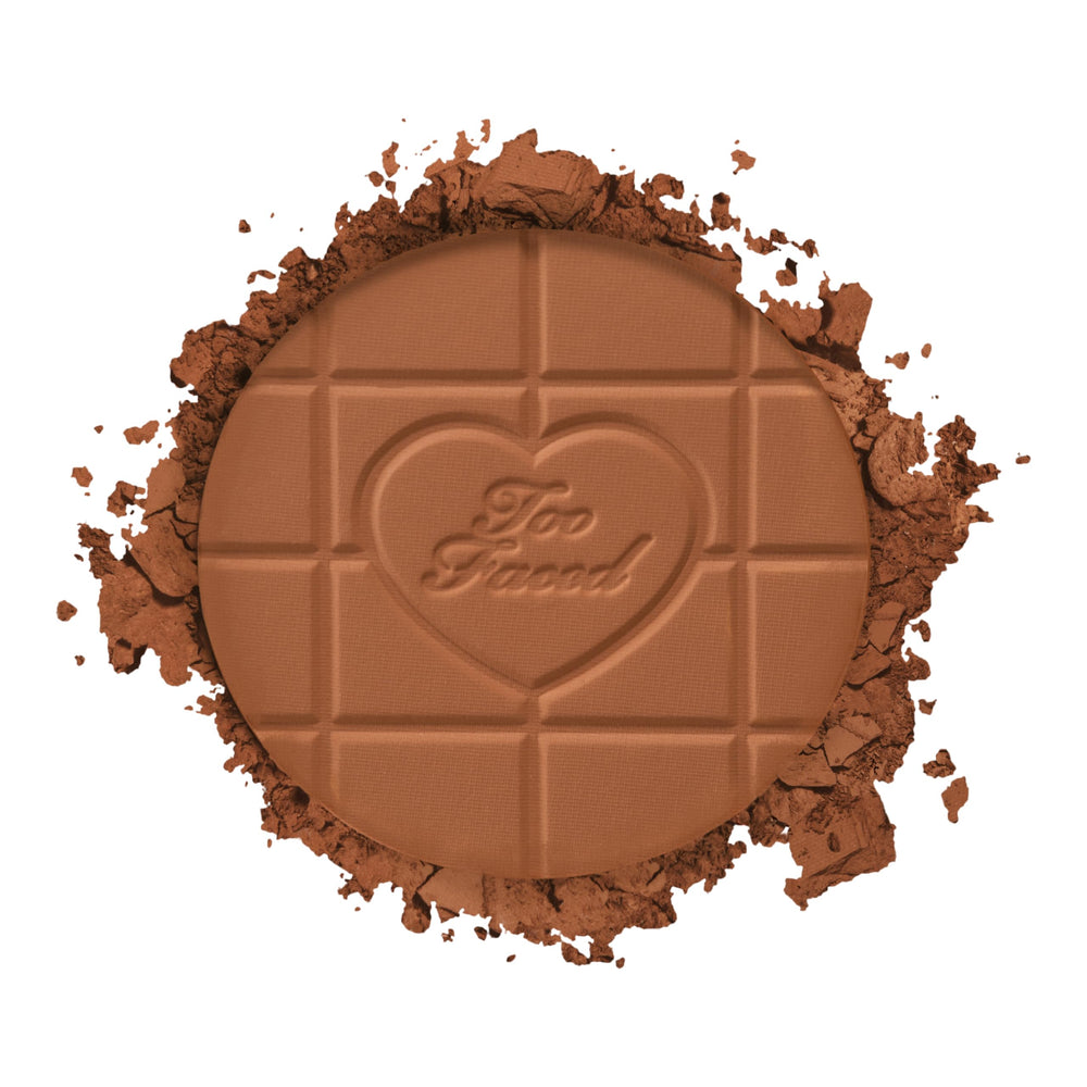 Too Faced bronzer pan close-up highlighting cocoa-infused matte finish benefit