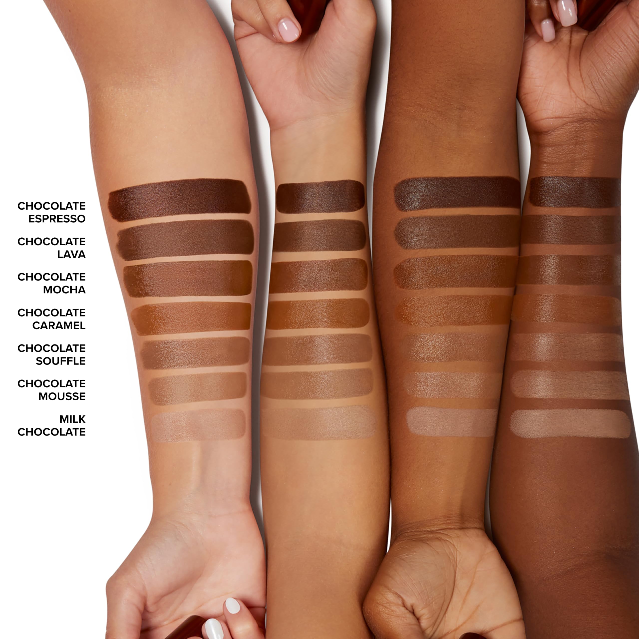 Too Faced arm swatch demonstrating Chocolate Caramel buildable coverage