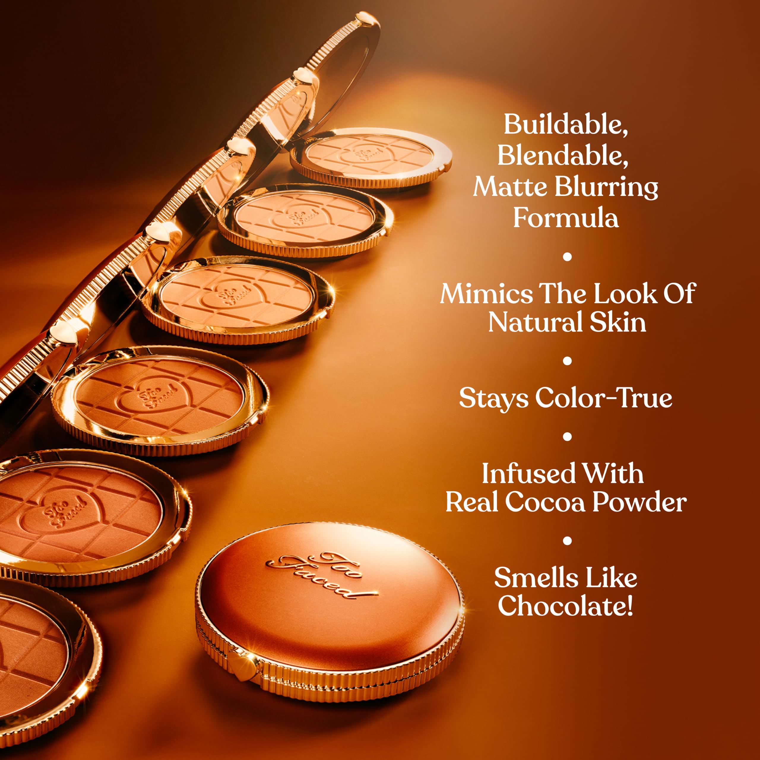 Too Faced powder texture close-up showing blendable, silky benefits