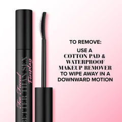 Too Faced Foreplay tube label highlighting waterproof and ophthalmologist-tested benefit