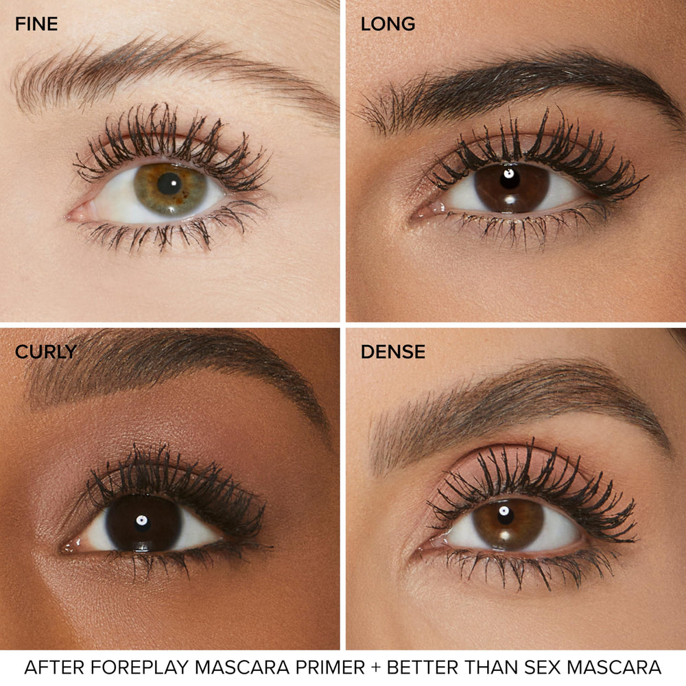 Too Faced Foreplay paired with mascara showing improved volume and lift