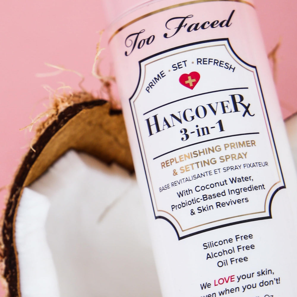Too Faced Hangover bottle label detail with coconut water callout and product benefits