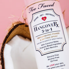 Too Faced Hangover bottle label detail with coconut water callout and product benefits