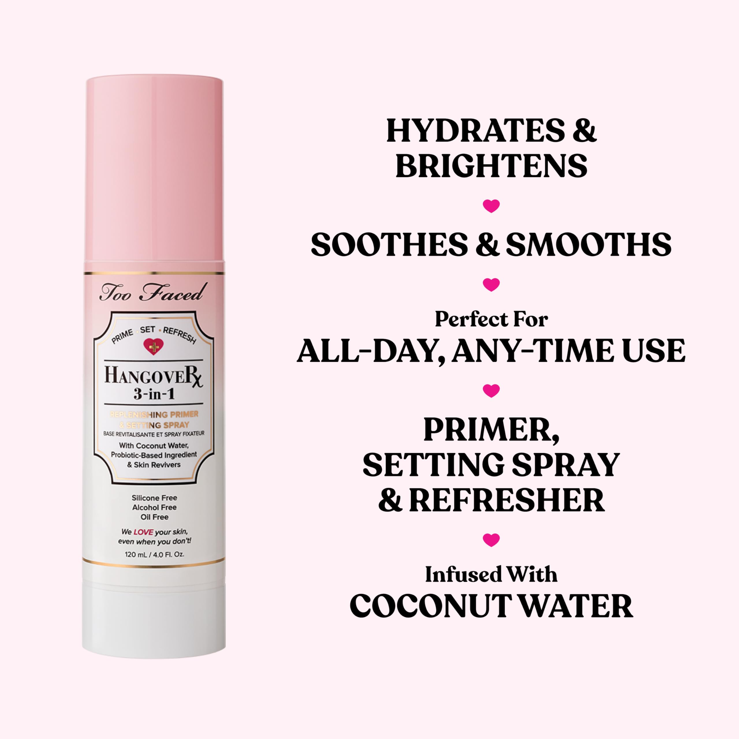 Too Faced Hangover fine mist closeup demonstrating even spray and lightweight application