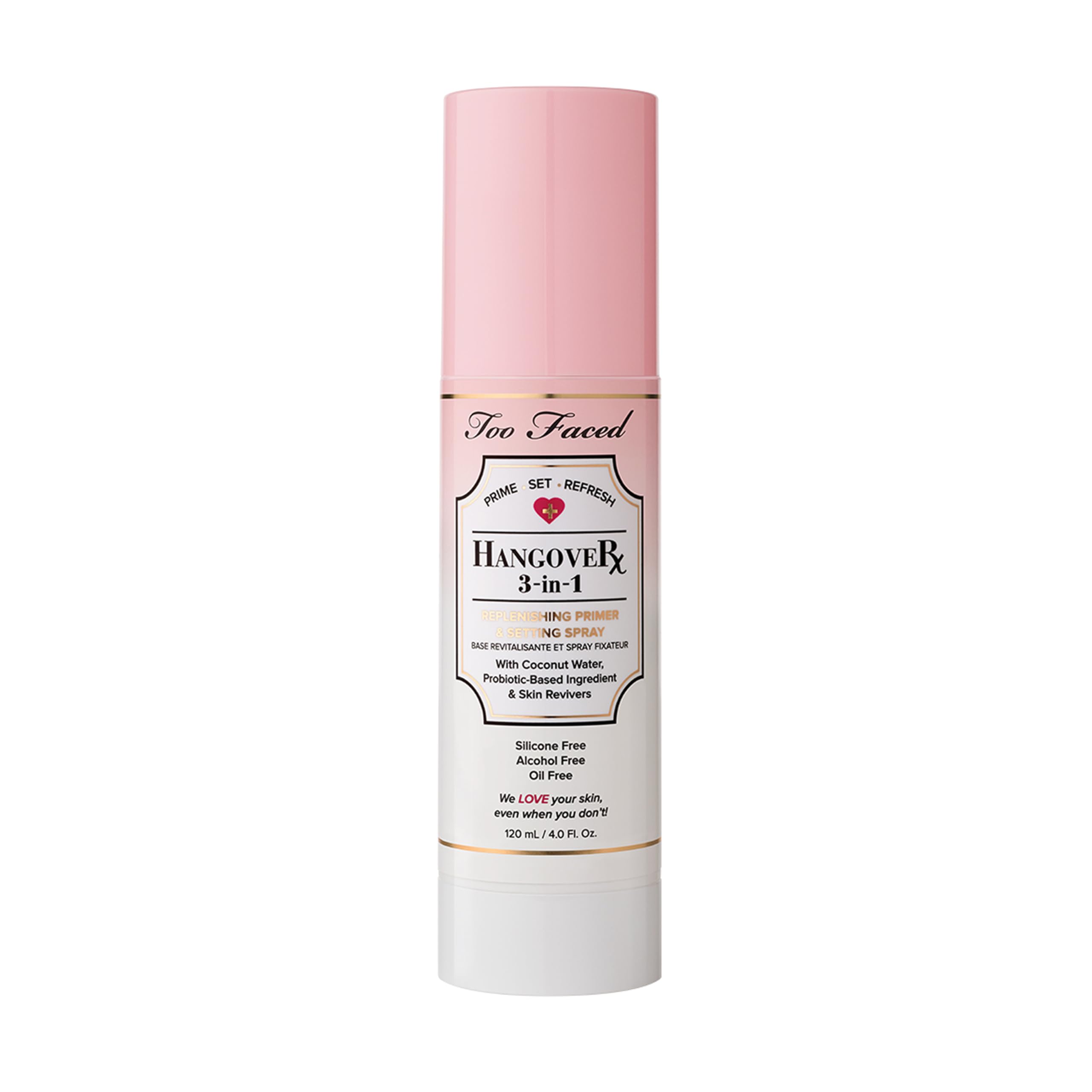 Too Faced Hangover front packaging showing clear bottle and label, highlights portability