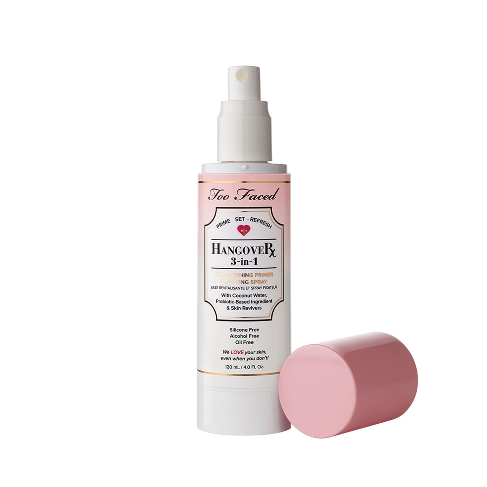 Too Faced Hangover in makeup bag emphasizing travel-friendly 4 fl oz size