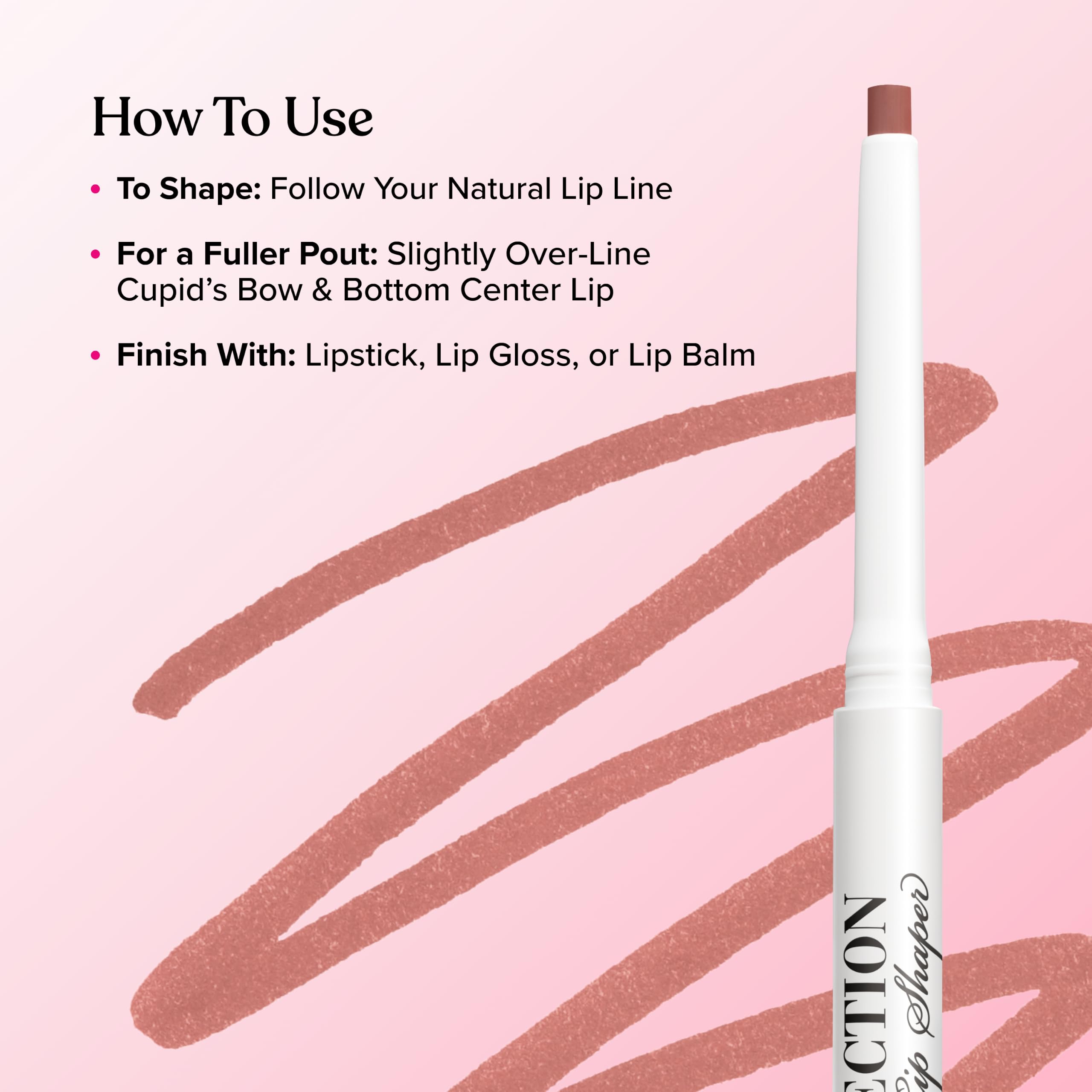 Too Faced liner applied on lips highlighting reshaped fuller look