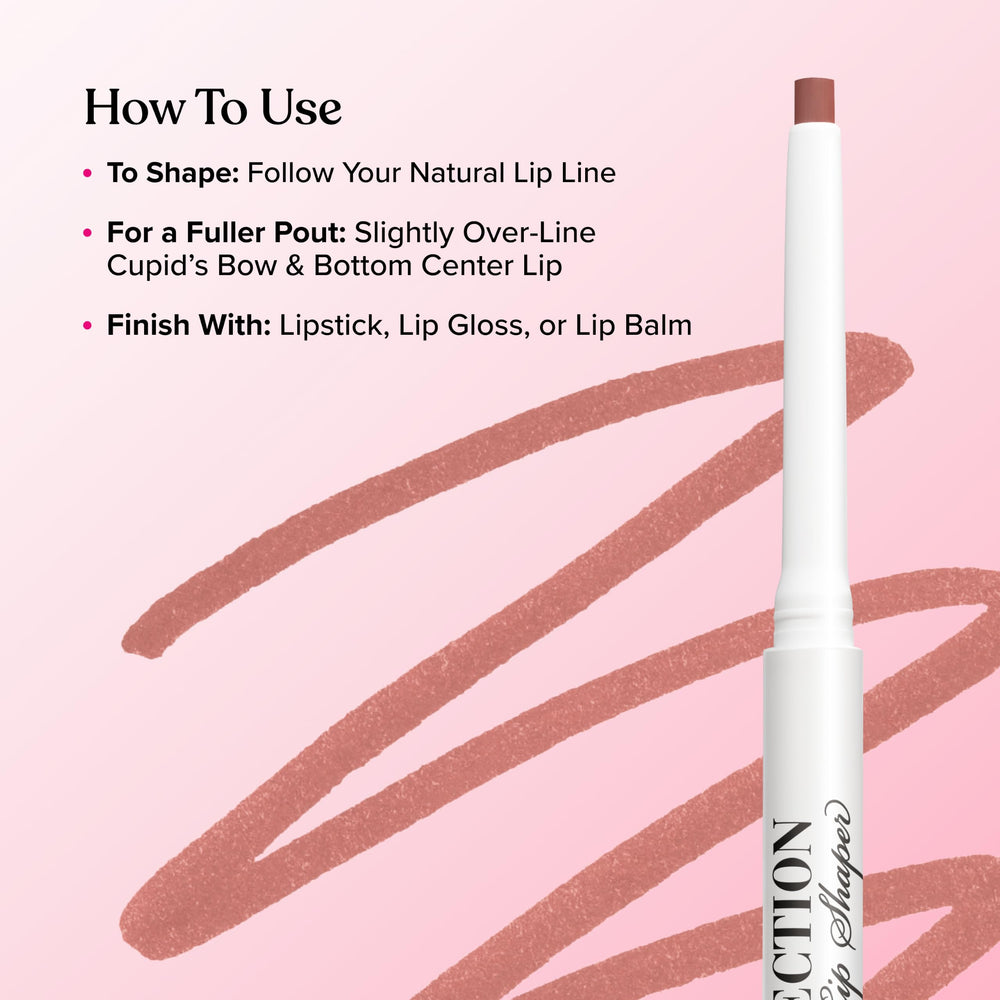 Too Faced liner applied on lips highlighting reshaped fuller look