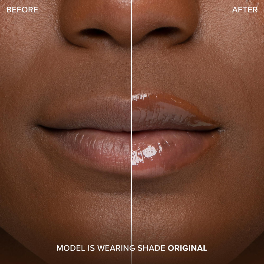 Too Faced on model in outfit showing everyday wearable glossy pout