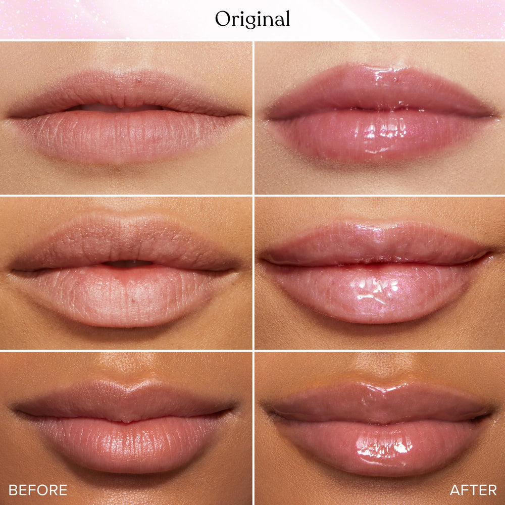 Too Faced lip injection swatch on lips showing instant plump and shine