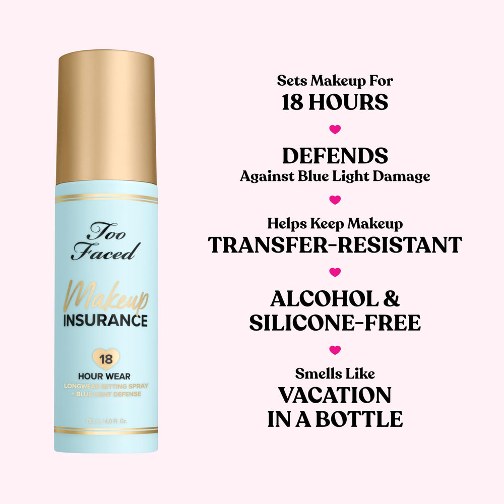 Too Faced setting spray being applied on model for long-lasting makeup