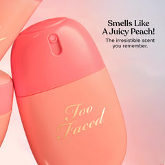 Too Faced Peach Mist held in hand to show 1.7 fl oz scale and portability benefit