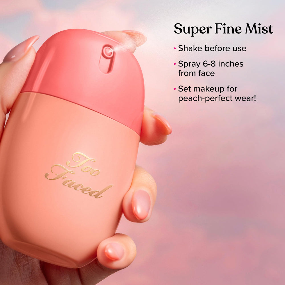 Model using Too Faced Peach Mist to refresh dewy makeup and boost radiance benefit