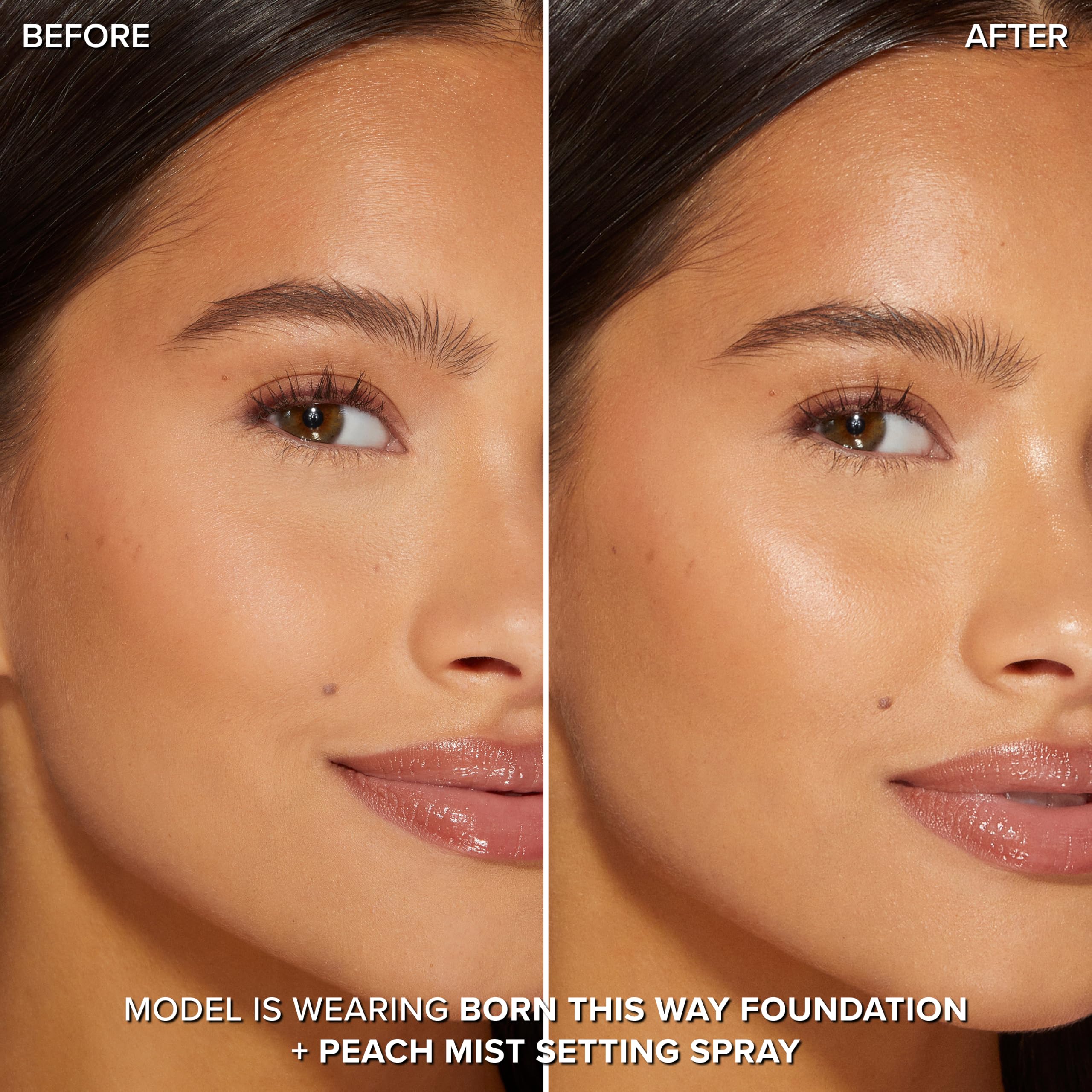 Too Faced Peach Mist nozzle spraying a superfine mist for even makeup setting benefit