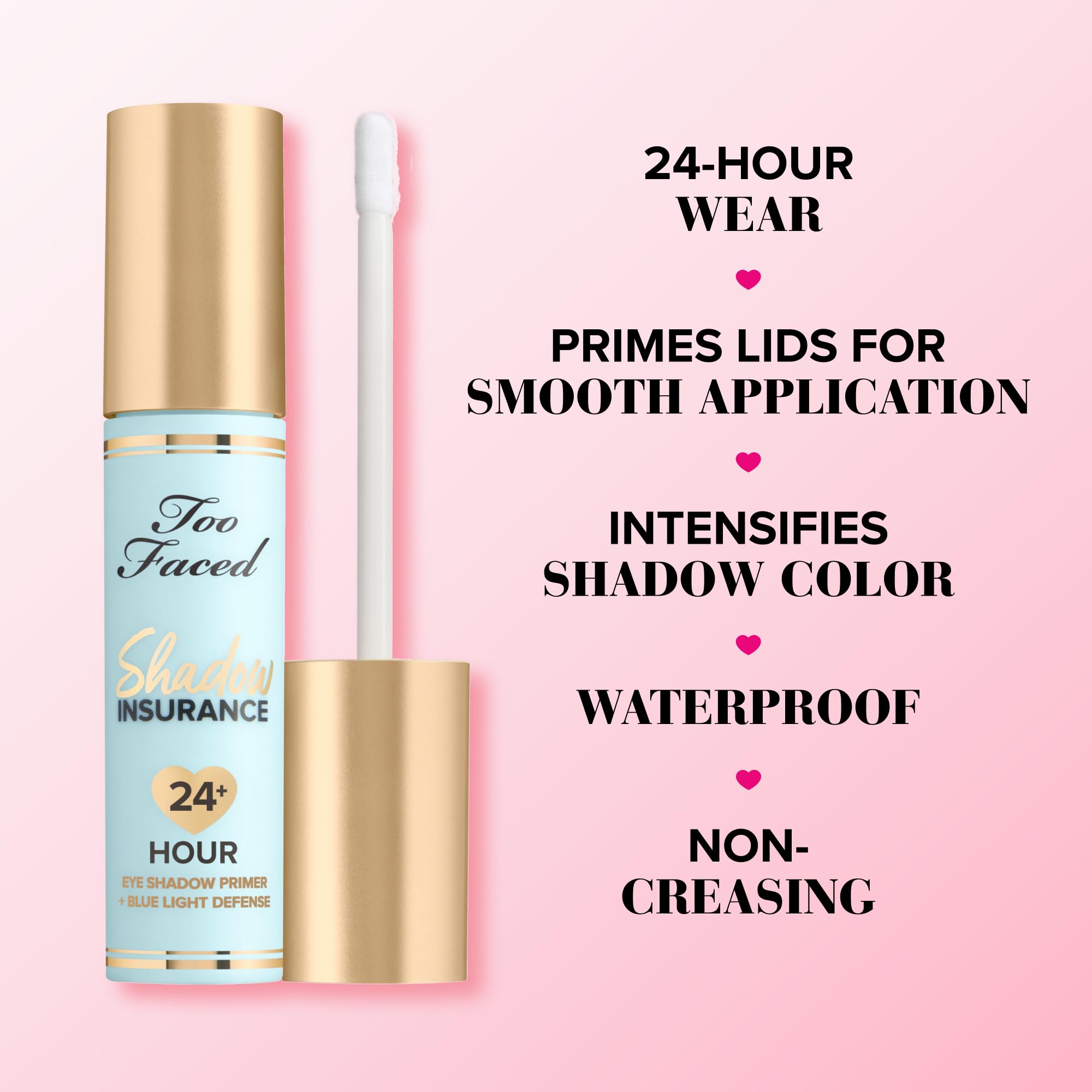 Too Faced primer next to eyeshadow palette showing enhanced pigment payoff