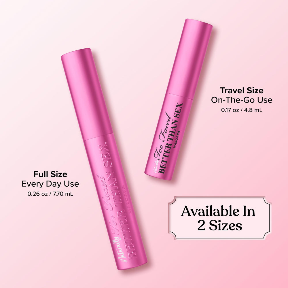 Too Faced size comparison with ruler, indicates compact 0.27 fl oz portability